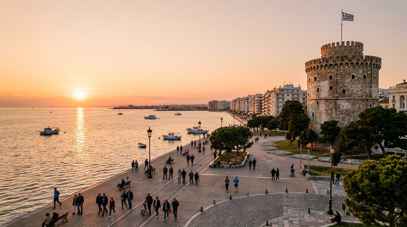 Bela kula i šetalište uz Termajski zaliv u Solunu u zalazak sunca
